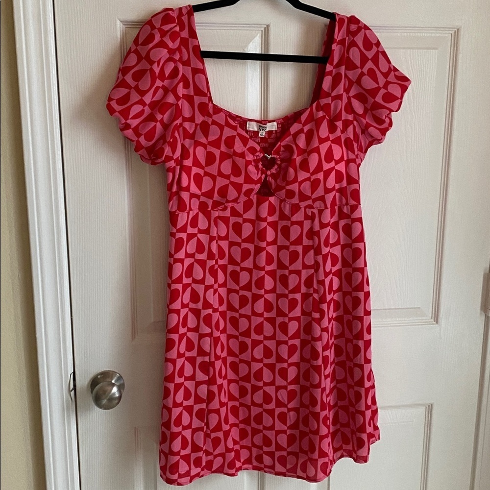 Maden NYC Valentine’s Pink & Red Heart Dress with Ballon Sleeves Large